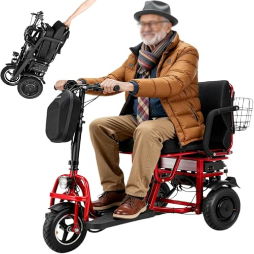 Elektro Dreirad für Senioren Klappbar Mobilitätsroller mit 3 RäDern Mit Ladegerät Und Korb Austauschbarer Akku Vielseitig Elektrische Rollstühle Einfach zu bedienen,Rot