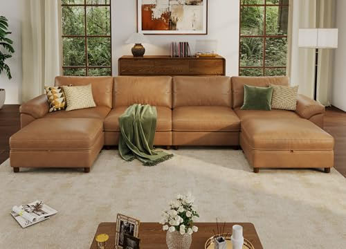 SITJOY 149 Oversized Sectional Couches for Living Room, Extra Large Deep Seat Modular Sofa with Washable Covers, 4 Seater U Shaped Couch with Storage Ottoman, Scratch-Resistant Faux Leather in Brown