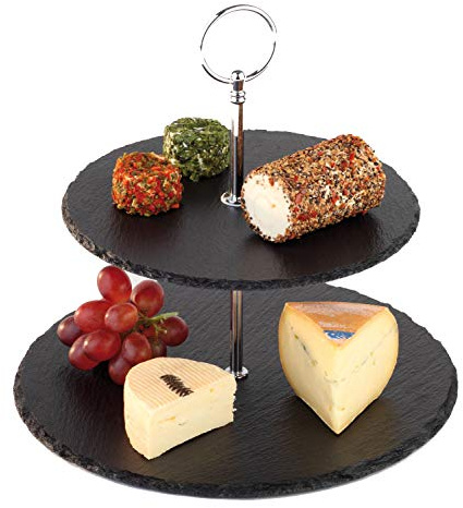 APS 2-stufige Etagere, Schieferplatten Ø 25 cm, Ø 20 cm, H: 24 cm, Metall verchromt