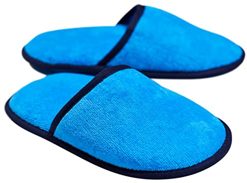 Sowel® Zapatillas de Estar por Casa, 100% Algodón Orgánico, Zapatillas de Hotel, Pantuflas de Casa, Hombre y Mujer, Talla Única, Cerradas, Azul/Azul Marino
