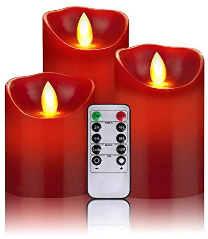 OSHINE Candele a LED, senza fiamma,300 ore (10,2 cm 12,7 cm 15,2 cm, Je Ø 8 cm) 10 tasti del telecomando con funzione di timer 24 ore, rosso [Classe di efficienza energetica A]