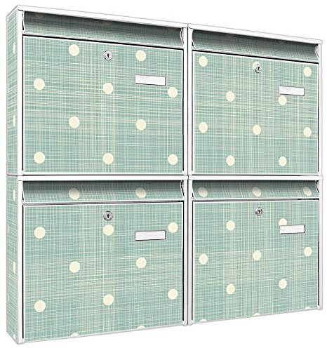 banjado Briefkastenanlage 4 Fach - Postkästen groß - verzinkter Stahl weiß DIN A4 Motiv Punkte Lindgrün - Briefkasten Set 4 Briefkästen Namensschild, 2 Schlüssel, Montagematerial