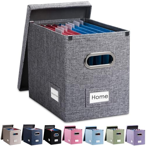 PRANDOM File Organizer Box - Set of 1 Collapsible Decorative Linen Filing Storage Hanging File Folders with Lids Office Cabinet Letter Size Grey (14x9.3x10.8 inch)