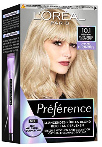 L'Oréal Paris permanent hair colour with cool colour result, hair dye set with colouration and anti-yellow tint care balm, Préférence cool blondes, No. 10.1 ultra light ash blonde (Helsinki), 1 piece