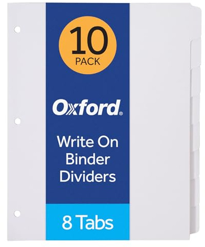 Oxford Binder Dividers for 3 Ring Binders, 10 Pack, 8-Tab Dividers, Write On Tabs, White Paper, 80 Total