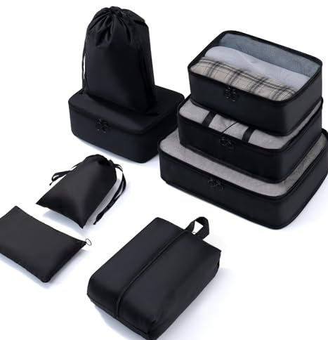 Meowoo 8-teilig Koffer Organizer Set, Packing Cubes, Packwürfel für Urlaub & Business, Reise Organizer mit Kleidertaschen, Gepäck Aufbewahrung Taschen, Ordnungssystem für Koffer (Schwarz)