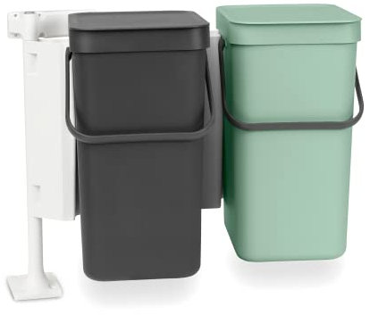Brabantia - Pattumiera Sort & Go 2x12L - Doppio Cestino da Incasso per Rifiuti - Coperchio Aperto - Maniglia per il Trasporto - per Armadietti da Cucina - Jade Green/Light Grey - 52 x 35 x 43 cm