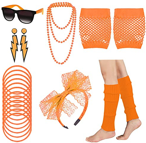 80er Jahre Outfit Damen 80er Jahre Accessoires, 80er 90er Jahre KostüM Damen Party Neon Accessoires Spitzenstoff Stirnband Ohrringe Brille 80er Netzhandschuhe ArmbäNder Halsketten Beinlinge