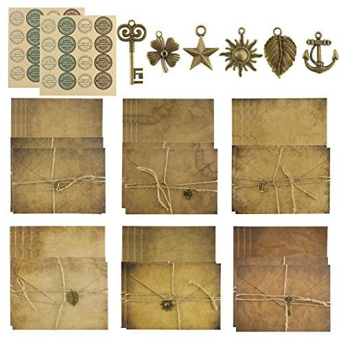 Umschläge Antik Briefpapier mit Umschlag Set Vintage Schreiben Contains 24 Blätter Briefpapier, 12 kraft Umschlägen, 12 Retro Schlüsseln, 12 Hanfseilen, 2 Sheet Vintage Seal Stickers