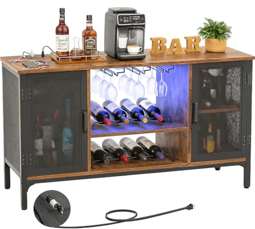 Homieasy Wine Bar Cabinet with Power Outlets & LED Lights, Industrial Coffee Bar Cabinet with Wine Rack for Home Bar, Liquor Bar Storage Cabinet for Home, Kitchen, Living Room, Rustic Brown