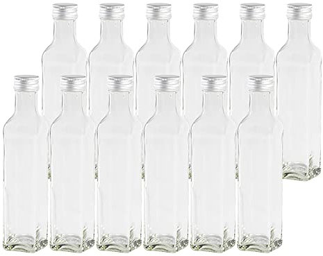 Vitrea 12 leere Glasflaschen 100ml Schraubverschluss Silber Eckig - kleine Flaschen zum Befüllen mit Deckel - für Saft, Getränke, Likör, Öl, Saucen - 12 Stück, Maraska