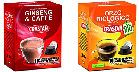 Crastan Capsule Compatibili a Modo Mio, Ginseng & Caffè, 16 Unità & Capsule Compatibili A Modo Mio - Orzo Biologico, 16 Unità