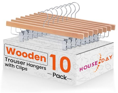 HOUSE DAY Natural Wooden Skirt & Trouser Hangers - 10 Pack with Adjustable Non-Slip Clips and 360° Hook
