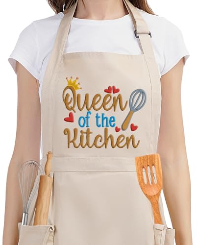 Fairy's Gift Funny Cooking Aprons for Women with Pockets, Embroidered Cute Baking Aprons - Queen of the Kitchen - Fun Mothers Day, Birthday, Cooking Gifts for Women Baker Mom Wife Girlfriend Chef