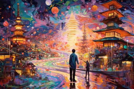 adrium Holz-Bild 140 x 90 cm: Illustration einer wunderschönen Stadt bei Nacht im Mosaik-Farbstil, erstellt mit generativer KI-Technologie. (209870929)