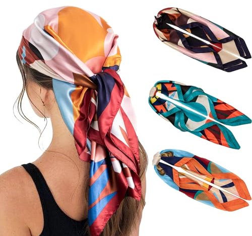ELIHANA Kopftücher für Damen, 3 Stück Kopftuch Damen Sommer Quadratisches, Vintage Floral Muster Haartücher, 90 x 90 cm Polyester Kopftuch (Orange, Marineblau, Seeblau)