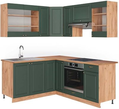 Vicco Eckküche Fame-Line, Grün-Gold Landhaus/Eiche, 190 x 160 cm | 10 Module · Höhenverstellbare Füße · AP Eiche inkl. · MDF-Fronten · Softclose · Metallgriffe