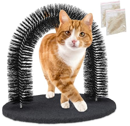 Relaxdays Arco Massaggiatore per Gatti, con Erba Gatta, Spazzola Massaggiante, Cura del Pelo, Cat Scratcher Setole, Nero