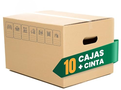 GROWMANIA Pack 10 Cajas de Cartón 50 x 30 x 30 + Precinto de Regalo | Cajas Resistentes Mudanza y Almacenaje con Asas Transporte Marron | Aptas para Envíos con Iconos Identificativos