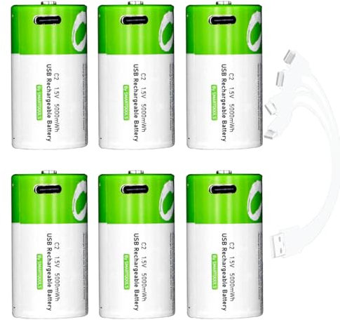 Zanoal Rechargeable C Batteries 6 Pack,5000mWh Lithium Size C Batteries,1.5V C Cell Battery with USB Typle C Charge Cable Charger
