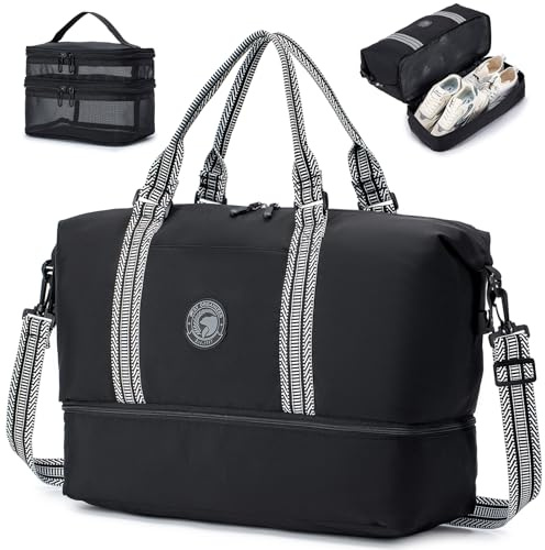 SPAHER Bolsa de Viaje Plegable 45x36x20 EasyJet, Bolsa de Deporte, Bolsa de Mano Equipaje,Bolsa de Gimnasio Impermeable,Bolsas de Fin de Semana para Mujer Hombre, Bolsa de Natación para Playa Negro