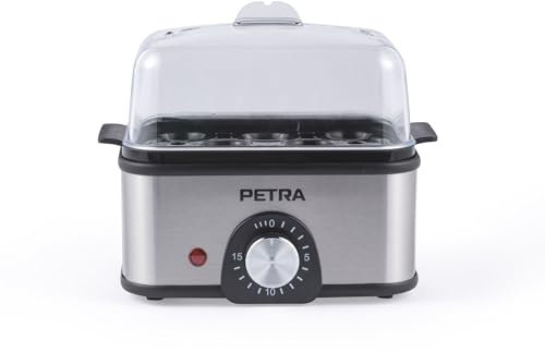 Petra Hervidor de Huevos Eléctrico – Capacidad 8 Huevos, Cocción y Escalfado, Huevos Pasados por Agua, Medios o Duros, Temporizador 15 Min, Vaso Medidor, 2 Accesorios para Escalfar, 500 W