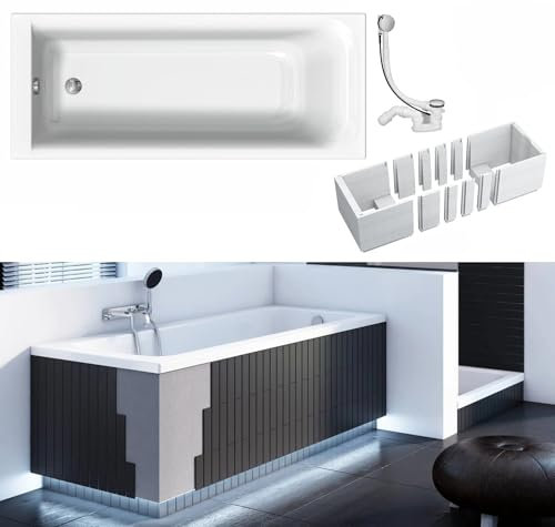 VBChome Badewanne 170 x 75 cm Weiß Acryl Wannenträger Platz für LED-Beleuchtung Styroporträger Siphon Wanne Rechteck Design Modern Ablaufgarnitur in Chrom