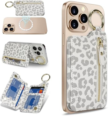 Zouzt for MagSafe Wallet, Magnetic Card Holder with Zipper, White Leopard | Premium PU Leather, Adjustable Stand Ring Keychain, Slim Phone Wallet for iPhone 16 Pro Max/16Pro/16/16e/15/14/13/12 Series