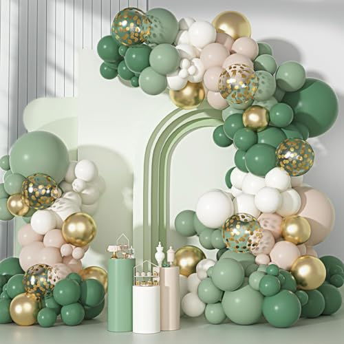 Kit Arco Globos Verdes Salvia y Dorados, 114pcs Guirnalda Arco Globos Verde Oliva Blanco Oro, Decoracion Fiesta Para Cumpleaños Baby Shower Niño Birthday Jungla Safari Comunion Boda