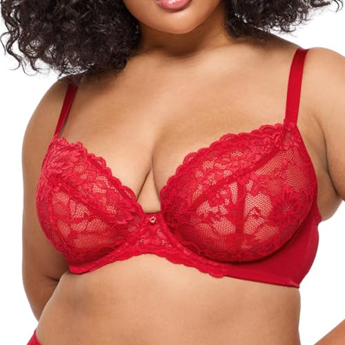 Ann Summers Sexy Lace Fuller Bust Non Padded Plunge Bra, A-D Cup, Curve-Enhancing Womens Underwear with Underwire Support, Sheer Lace Cups & Power Mesh Wings - Womens Lingerie