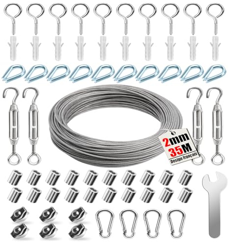 Le Cable Acier 2mm/35m, 65 Pcs,Tendeur de Câble en Acier Inoxydable 304 - le Cable Metallique Convient pour Plante Grimpante, Corde de Tente, Fil à Linge et Suspension de Luminaires