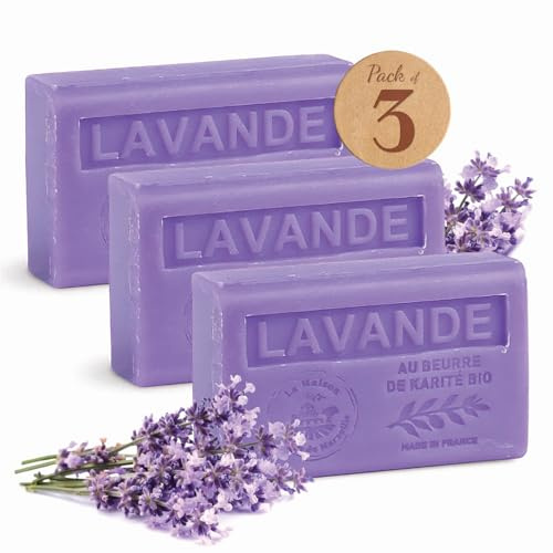 La Maison du Savon de Marseille Seife Lavendel 3 x 125g mit Bio Sheabutter, Feuchtigkeitspendend für Hände & Körper, Lavendelseife hergestellt in der Provence, Duftseife 97% natürliche Inhaltsstoffe