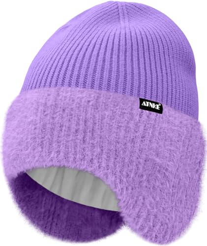 ATNKE Strick Beanie Mütze mit Ohrenklappen für Herren und Damen, Dehnbar Dick Warm Fleece Gefüttert Alltagstauglich Winter Weich Mit Bündchen Wollig Totenkopfmütze Geschenke