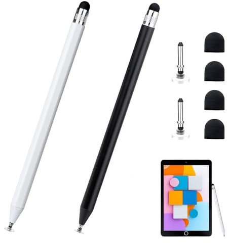 2Pcs Stylet pour Tablette écrans Tactiles 2-en-1, Compatible avec iPad Android Samsung, sans Pile ni Charge, Magnétique, pour Écriture, Dessin et Navigation Précise (Noir et Blanc)