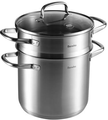 Berndes b.vital Kochtopf 20 cm mit Pastaeinsatz – Edelstahl Kochtopf mit Siebeinsatz & Glasdeckel - Induktion & allherdtauglich – 5,5L - unbeschichtet, spülmaschinengeeignet, backofengeeignet