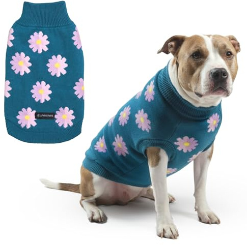 Spark Paws Strick Hundepullover – Ultrasofter, Warmer Winterpullover für kleine, mittlere & große Hunde – Dehnbarer Hundepullover für French Bulldogs, Pitbulls, Hündinnen & Rüden, (Flower,3XL) | Hundejacke für kleine, mittelgroße und große Hunde, Stretch-Passform, Französische Bulldogge, Pitbull, Mädchen und Jungen