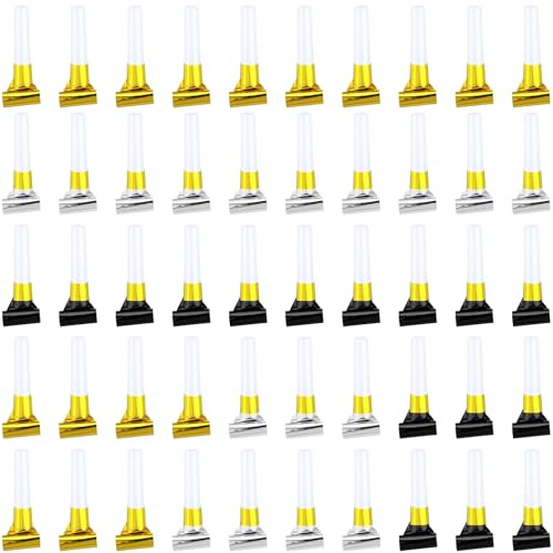 ywmigl 50 Pcs New Years Eve Noisemakers Party Favor Gold Silver Black Blower Horns Whistles 2026 Happy New Year Party Supplies for Sporting Events Birthday Celebration