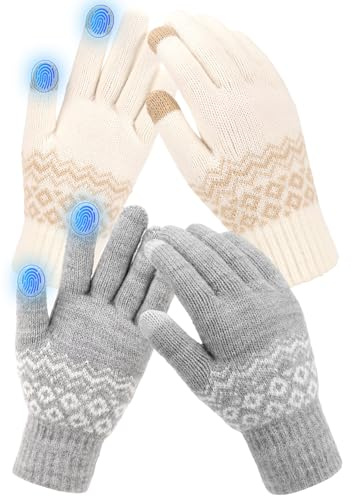 Srvak 2 Paar Damen Winterhandschuhe Touchscreen Super Warme Thermo Handschuhe mit Akryl Futter & Atmungsaktiv 2er Pack (Weiß+Grau, Einheitsgröße)