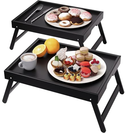 Fibogollo 2er Pack Betttablett mit klappbaren Beinen, Bambus Frühstückstabletts, Serviertablett Betttisch für Essen and Snack, Laptoptabletts zum Arbeiten (Schwarz)