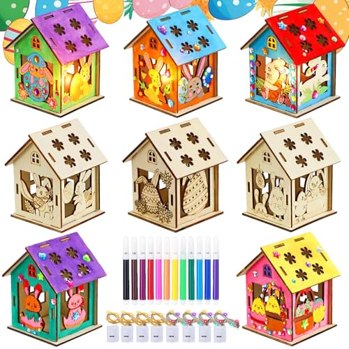 8 Stück Holzhaus Osterdeko Kreativset Osterhasen Ei Muster Haus zum Anmalen Bemalen Basteln & DIY mit LED Leuchtend Kleine Holzhäuser Osterndeko Hinstellen Holzbausatz Bastelset für Oster Tischdeko