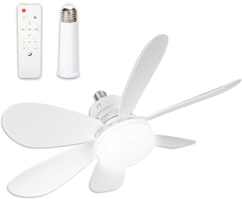 Screw in Ceiling Fan Light, 2-in-1 Socket Fan Light with Remote Control | Dimmable LED Ceiling Fan Light with 3 Colour, 3 Speed E27 Light Socket Ceiling Fan for Bedroom Kitchen Garage