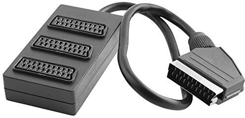 BestPlug Audio Video Verteiler, 1 Scart-Stecker männlich auf 3 Scart Buchse Kupplung weiblich, mit 40cm Kabel, Schwarz