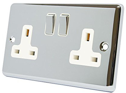 AET CPC2GSOCWC Polished Chrome Classical 2 Gang White Insert Metal Rocker Switches-13 Amp Double Plug Socket