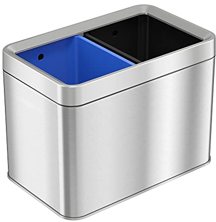iTouchless with 2 Stickers, Compartment Slim Stainless Steel Container, 5.3 Gallon Waste Trash Can & Recycle Bin, 20 Liter/5.3Gal, Open Top, Dual