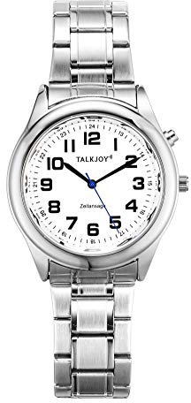 TalkJoy Profi Sprechende Armbanduhr Z-Armband Silber Uhr Senioren Blindenuhr Zeitansage Kalender (40mm Herrenuhr)