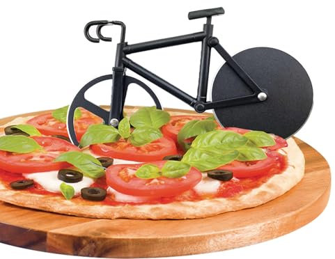 Fahrrad Pizzaschneider, Antihaftbeschichteter Edelstahl Pizza Schneider Lustiger Pizzaroller, Doppel Pizza Cutter mit Scharfem Schneiderad & Ständer für Weihnachten Party Geschenke, Schwarz