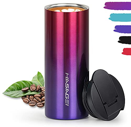 HASAGEI Travel Mug, Insulated Mug for Hot and Cold Drinks, Reusable Cup with Leakproof Lid, Vacuum Stainless Steel Bottle for Coffee and Tea (Red Purple 350ML)