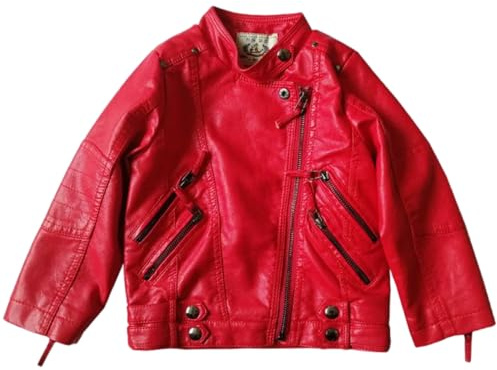 Lengender Veste en Simili Cuir Enfant Fille Manteau Courte PU Cuir Jacket Blouson Motard Hiver Automne (Rouge, 140)