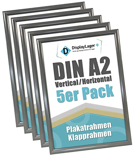 DisplayLager 5'er Sparpack Anthrazitgrau DIN A2 Klapprahmen mit 25mm Aluminium Profil, Entspiegelter Schutzscheibe, Befestigungsmaterial