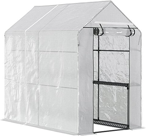 Outsunny Serre de Jardin PE avec étagère 2 Niveaux, Serre de Balcon, bâche renforcée 140 g/m², châssis en Acier, Porte zippée Enroulable, pour légumes Plantes Fleurs, 186 x 120 x 190 cm, Blanc